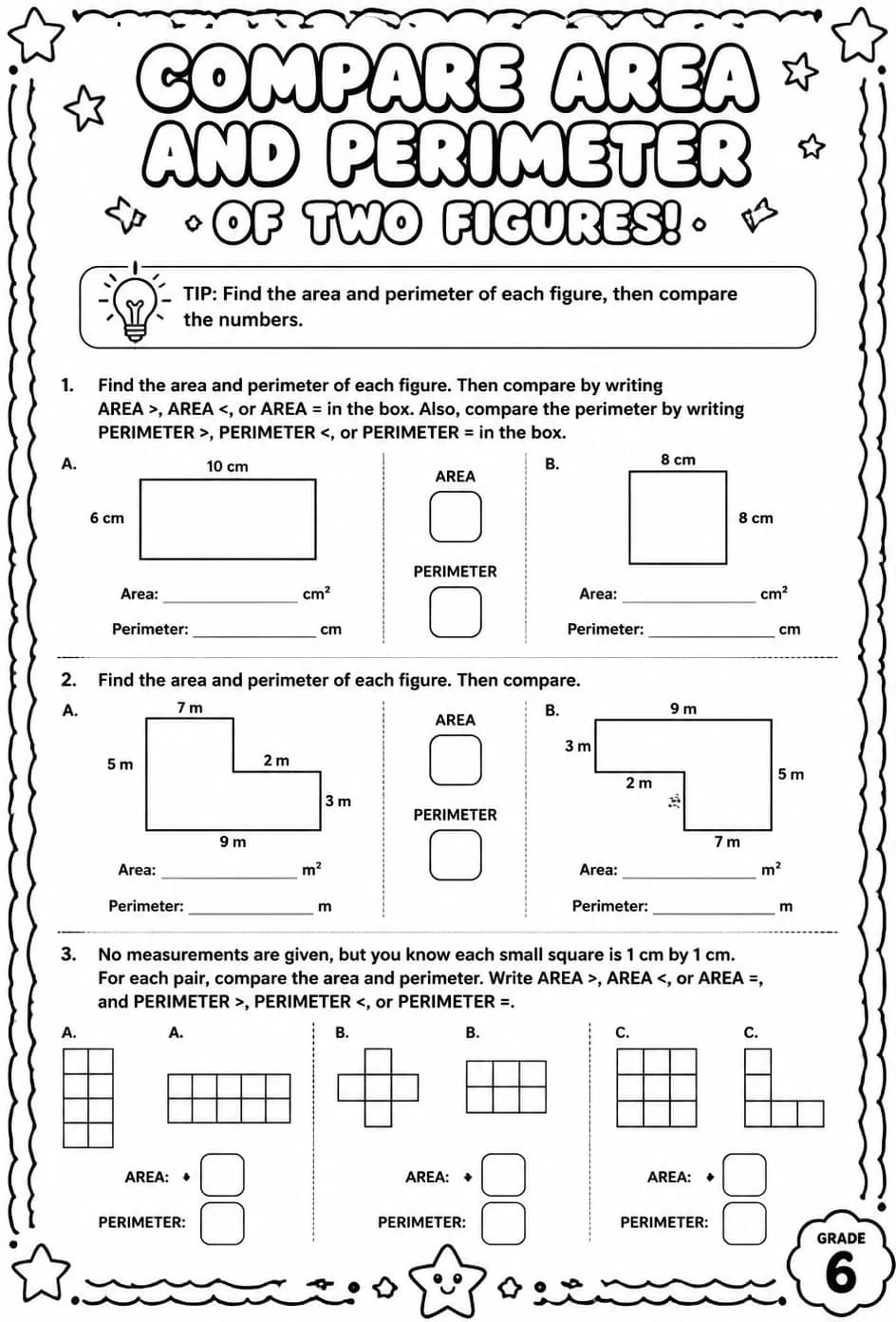 Compare area and perimeter of two figures — free printable Grade 6 math worksheet