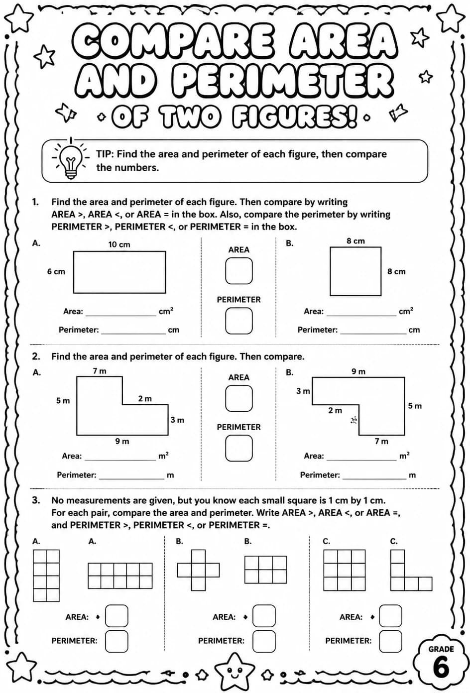 Compare area and perimeter of two figures — free printable Grade 6 math worksheet