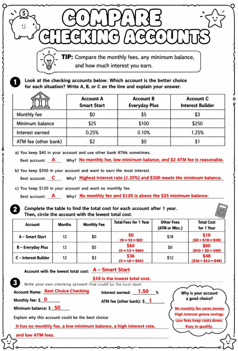 Answer key for Compare checking accounts — free printable Math worksheet