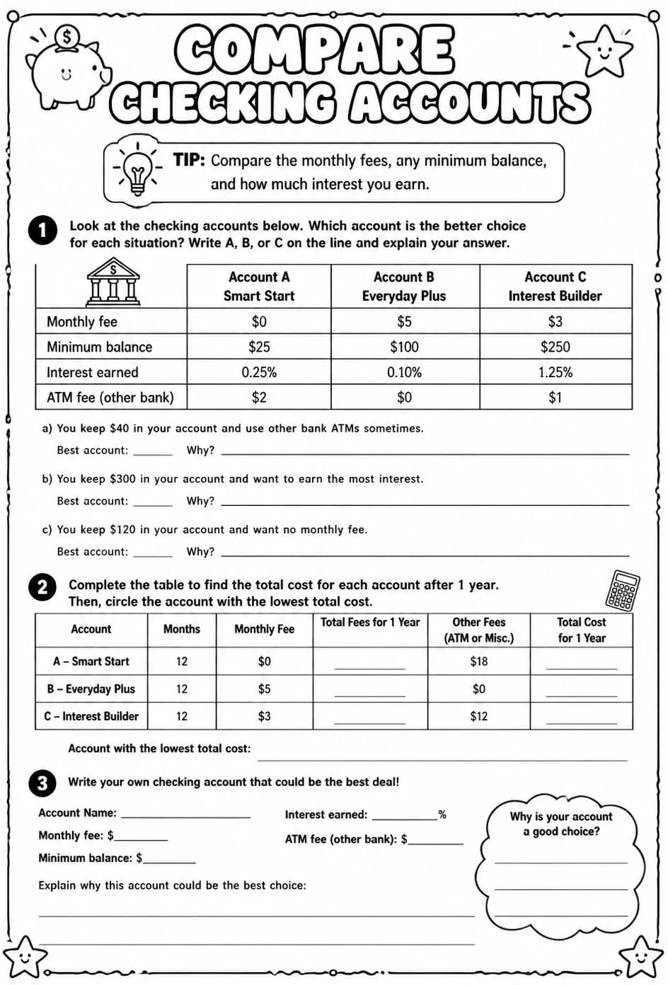Compare checking accounts — free printable Grade 6 math worksheet