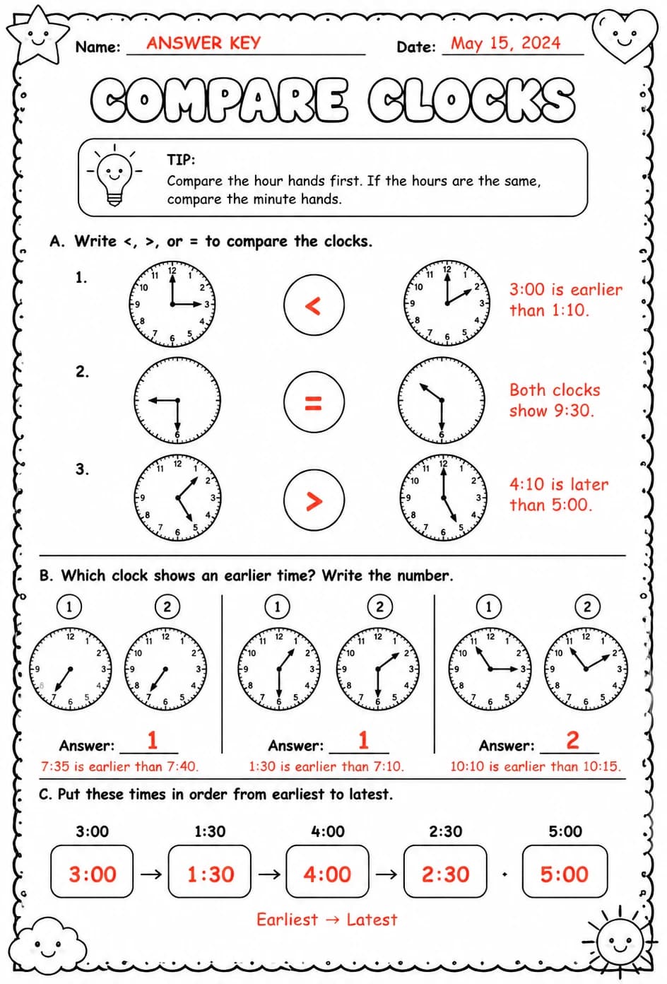 Answer key for Compare clocks — free printable Math worksheet