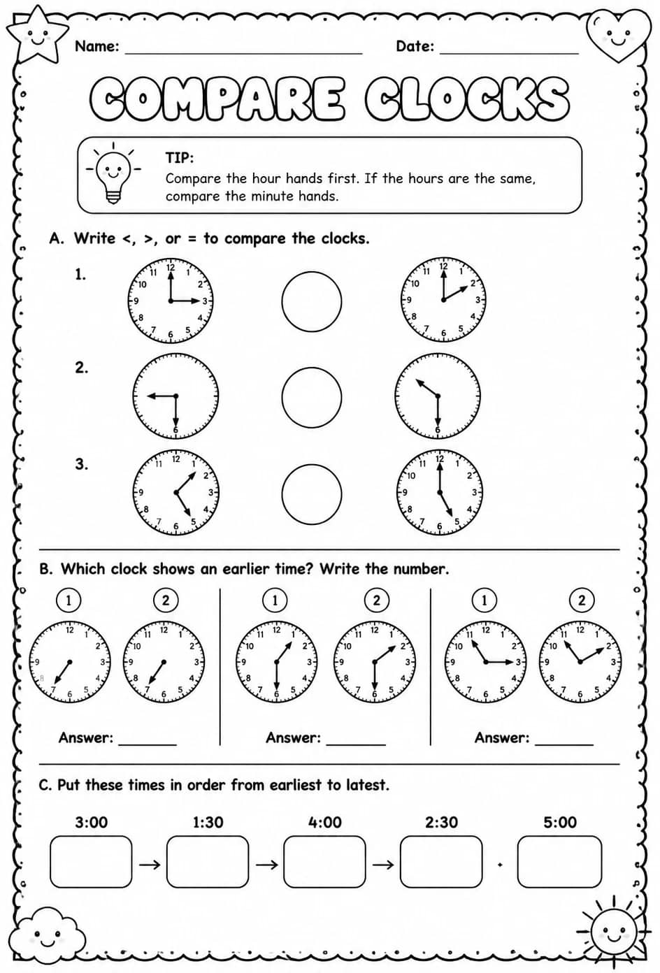 Compare clocks — free printable Grade 1 math worksheet