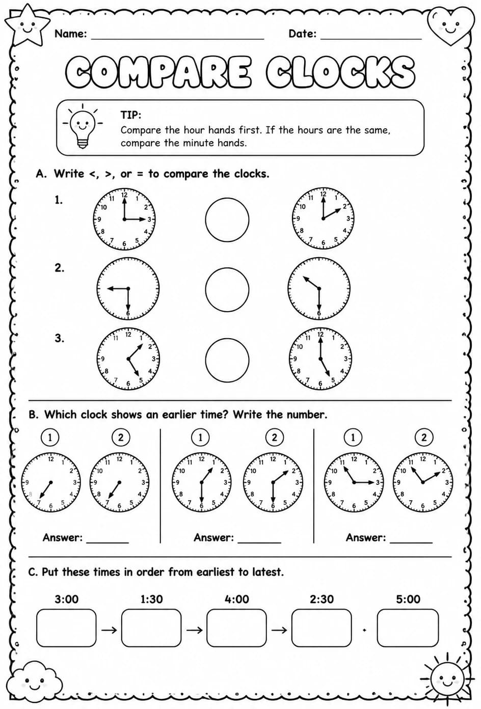 Compare clocks — free printable Grade 1 math worksheet