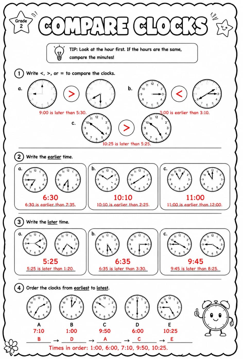 Answer key for Compare clocks — free printable Math worksheet