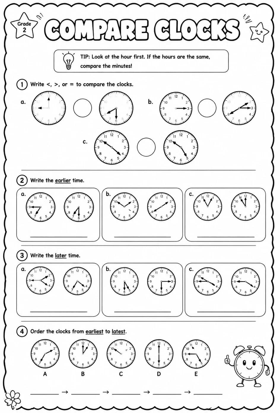 Compare clocks — free printable Grade 2 math worksheet