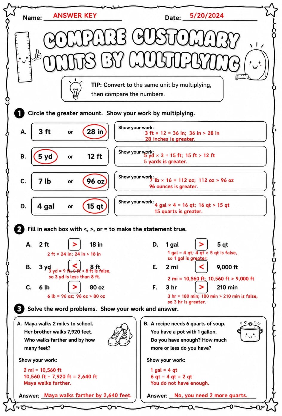 Answer key for Compare customary units by multiplying — free printable Math worksheet