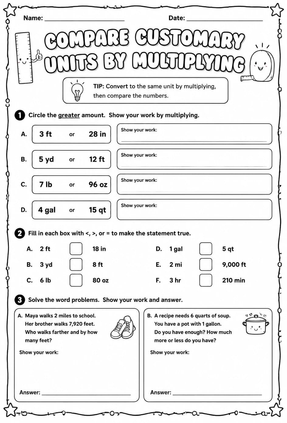 Compare customary units by multiplying — free printable Grade 4 math worksheet