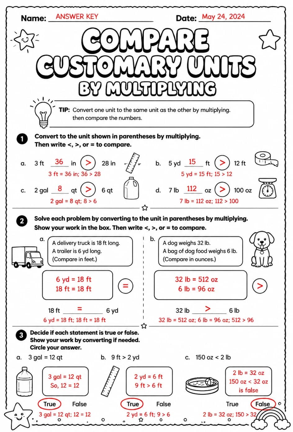 Answer key for Compare customary units by multiplying — free printable Math worksheet