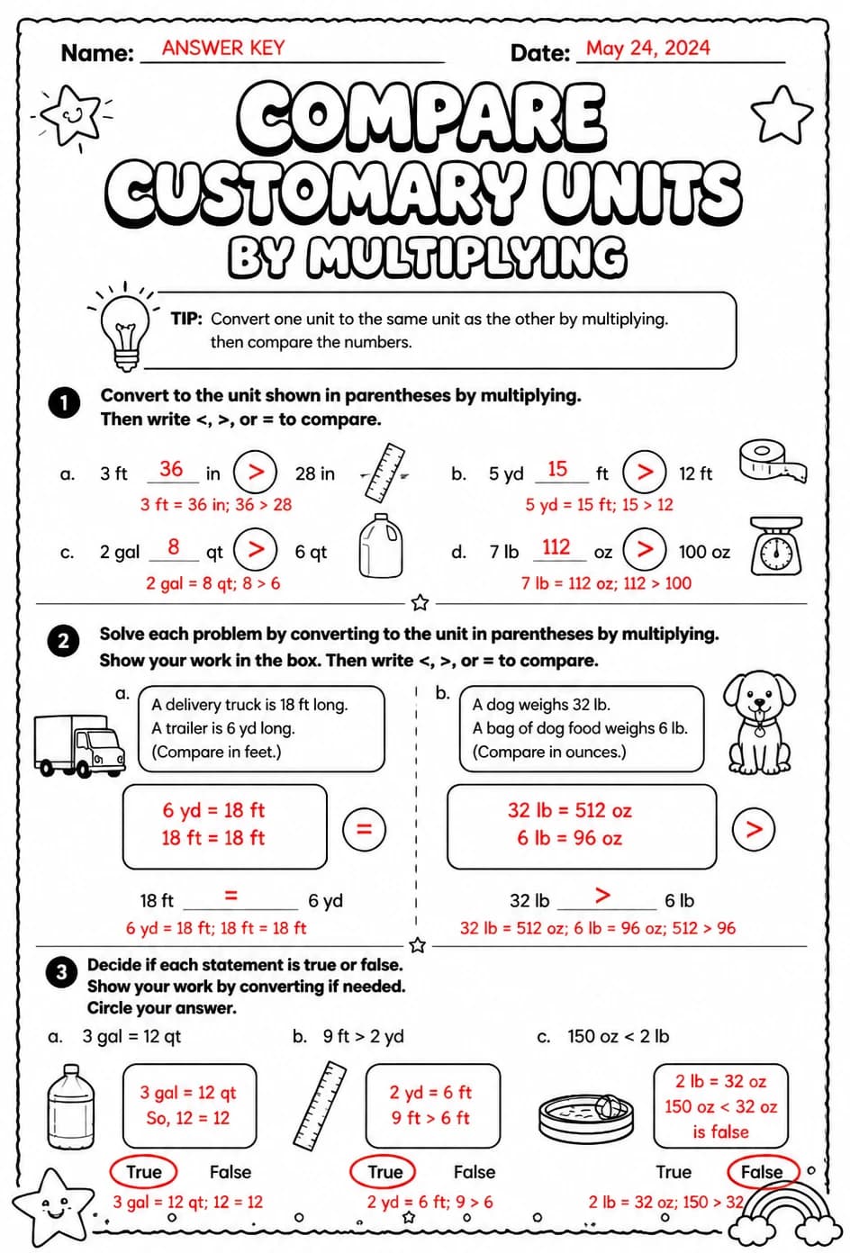 Answer key for Compare customary units by multiplying — free printable Math worksheet