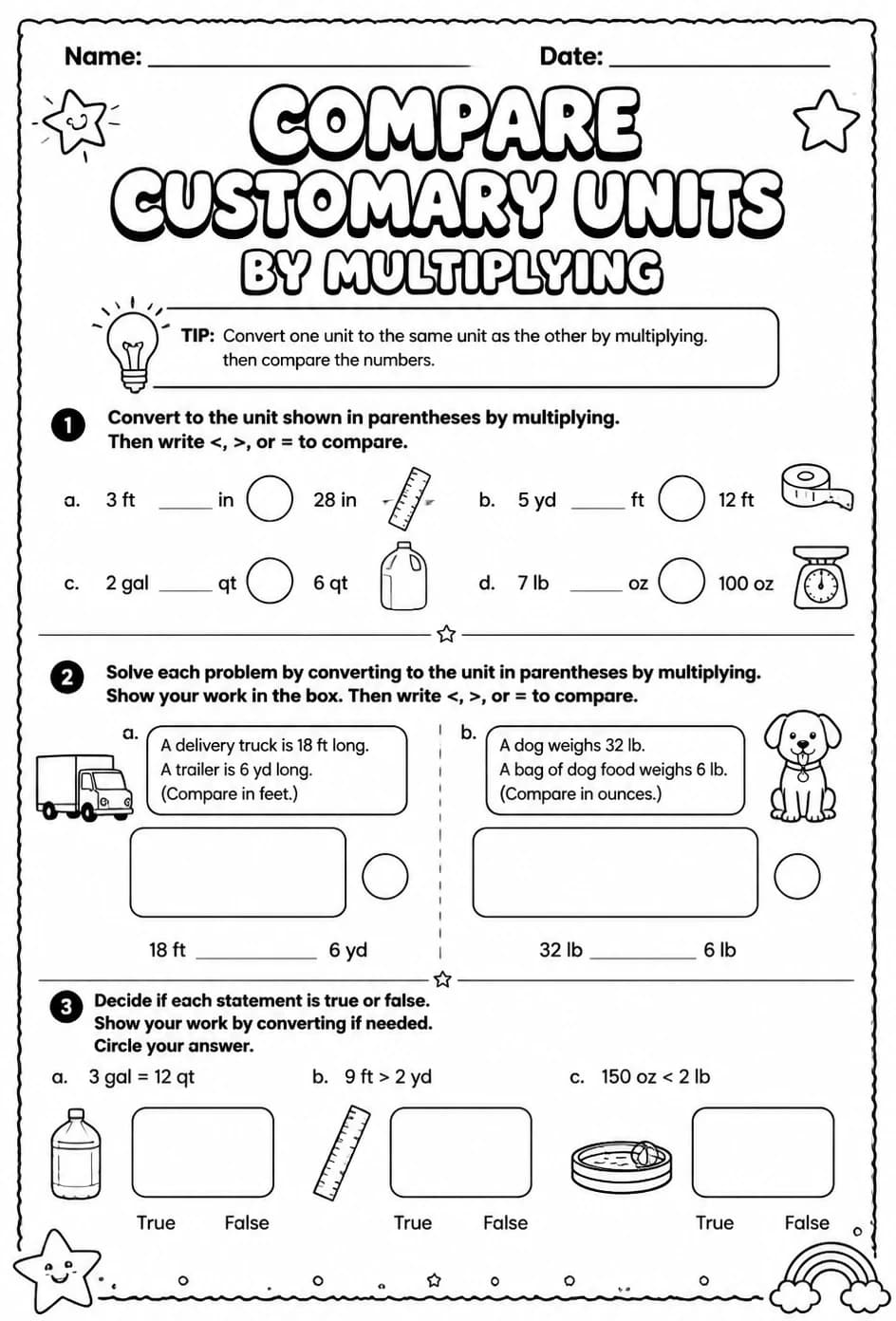 Compare customary units by multiplying — free printable Grade 5 math worksheet