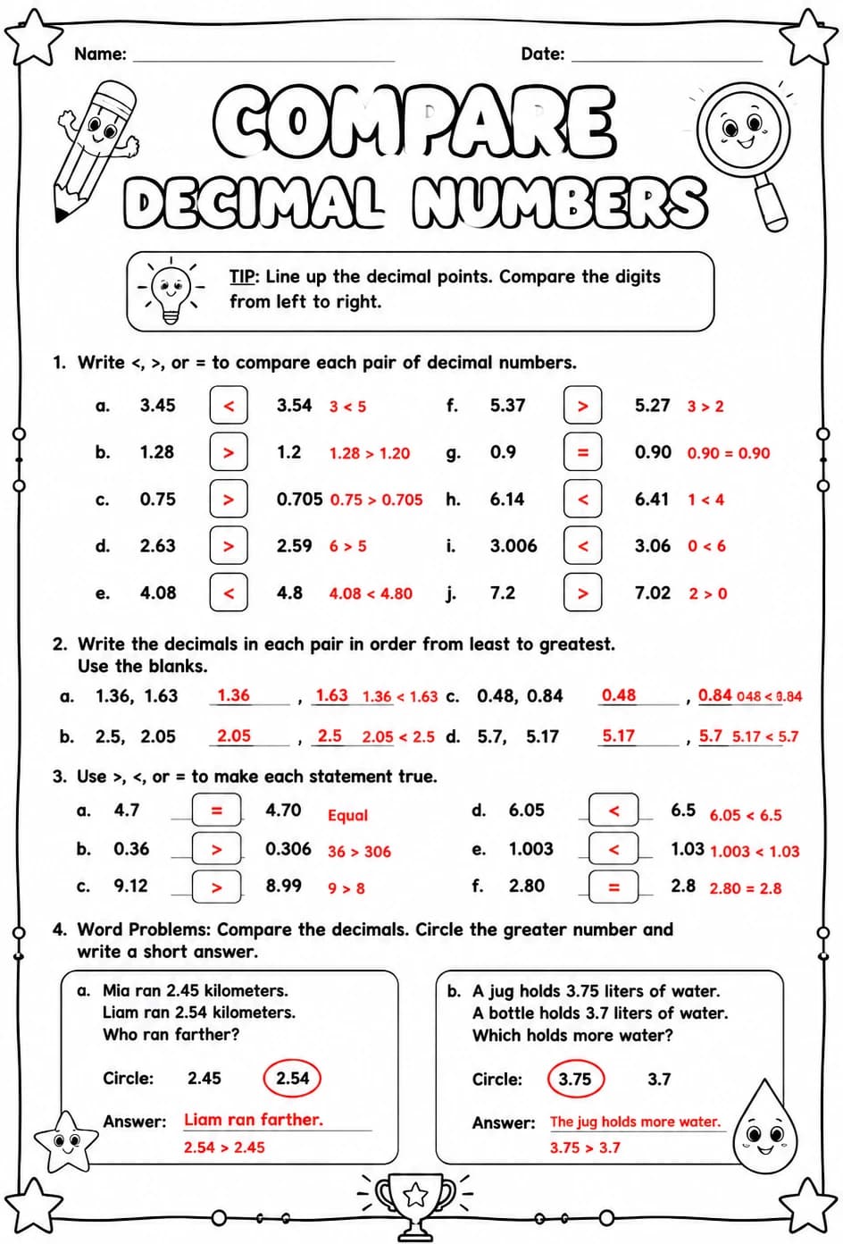 Answer key for Compare decimal numbers — free printable Math worksheet