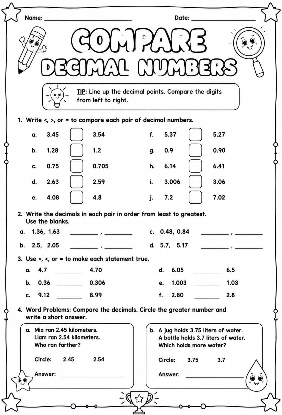 Compare decimal numbers — free printable Grade 4 math worksheet