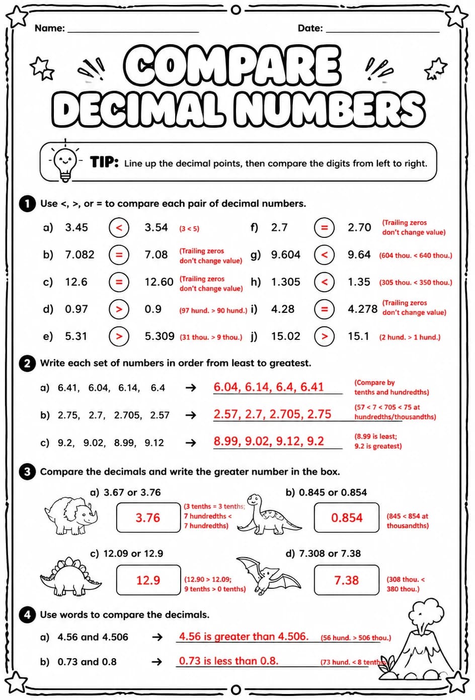 Answer key for Compare decimal numbers — free printable Math worksheet