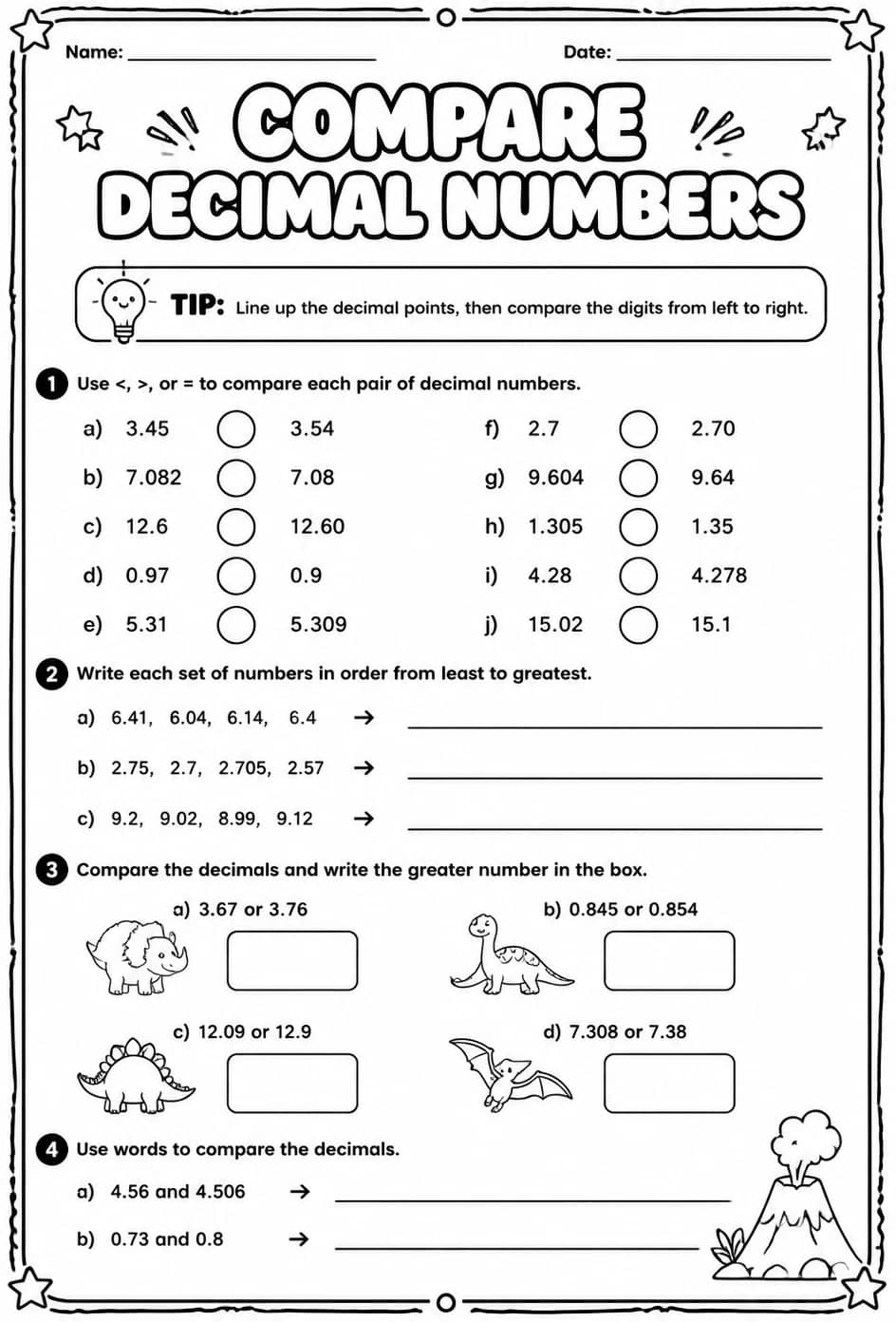 Compare decimal numbers — free printable Grade 5 math worksheet