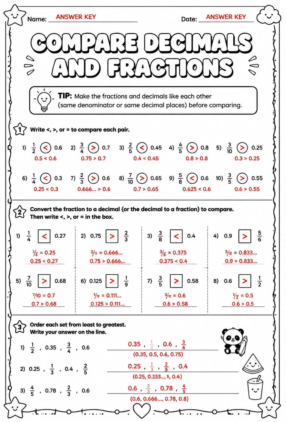 Answer key for Compare decimals and fractions — free printable Math worksheet