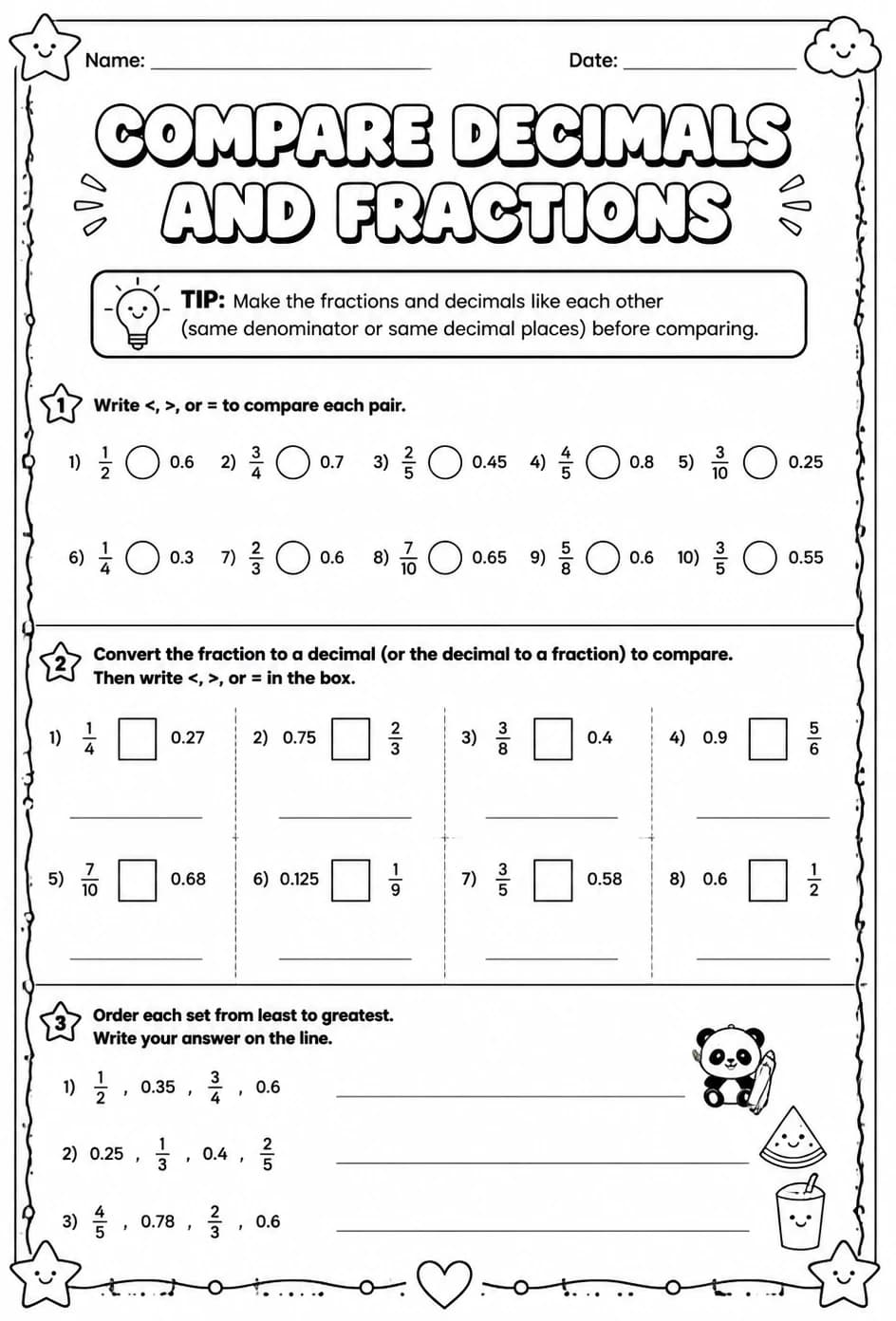 Compare decimals and fractions — free printable Grade 4 math worksheet