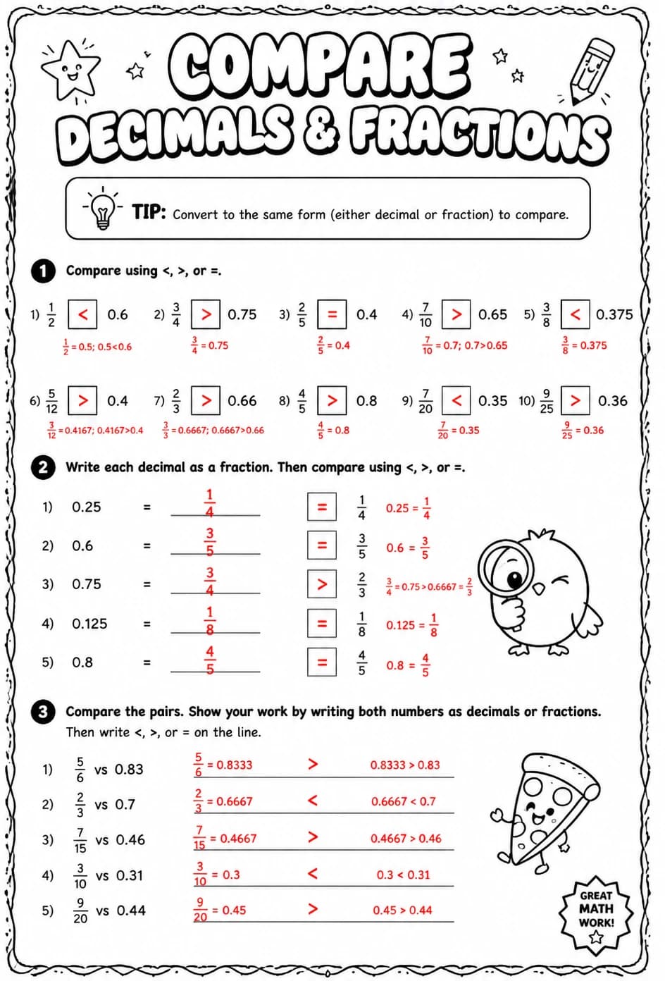 Answer key for Compare decimals and fractions — free printable Math worksheet