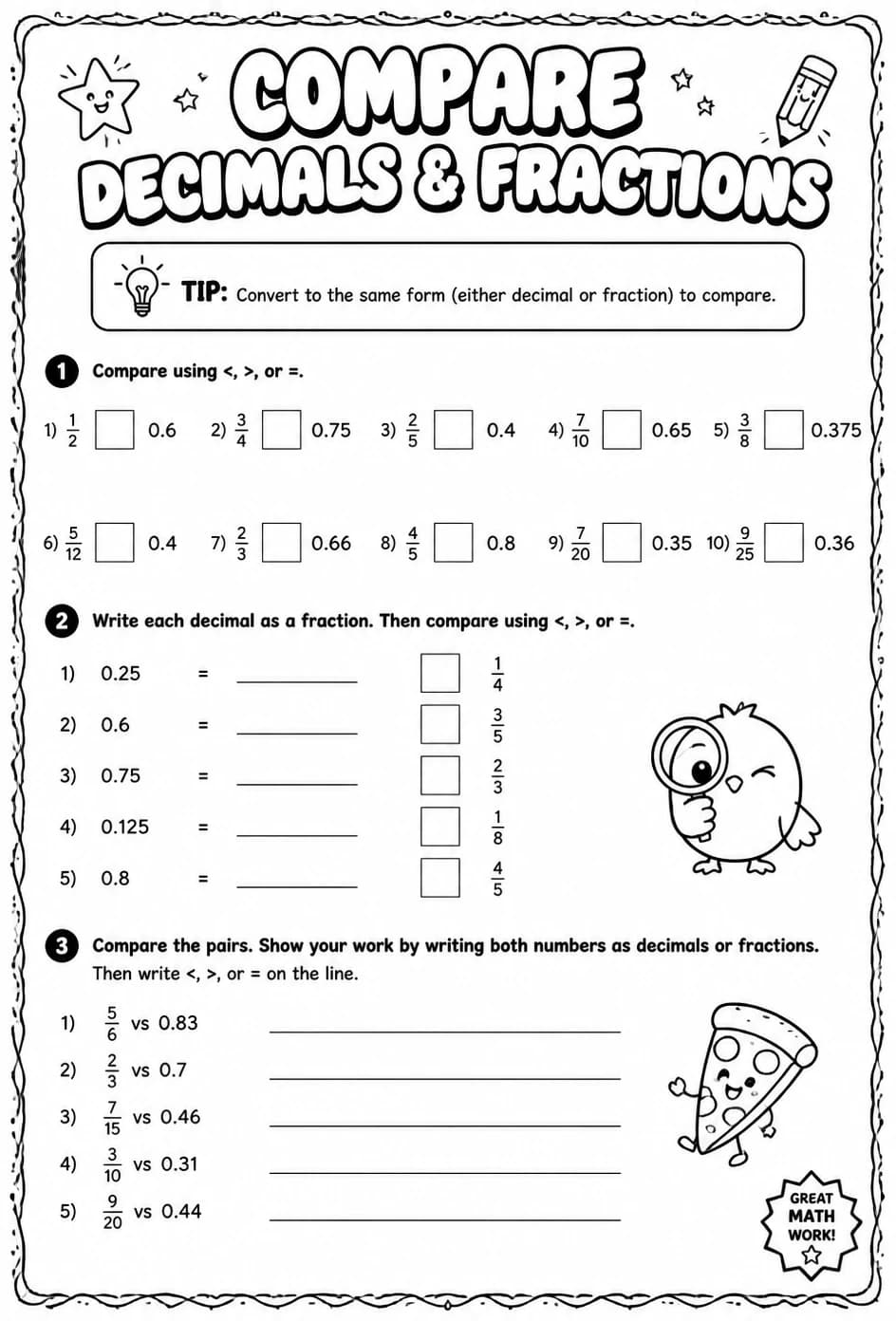 Compare decimals and fractions — free printable Grade 5 math worksheet