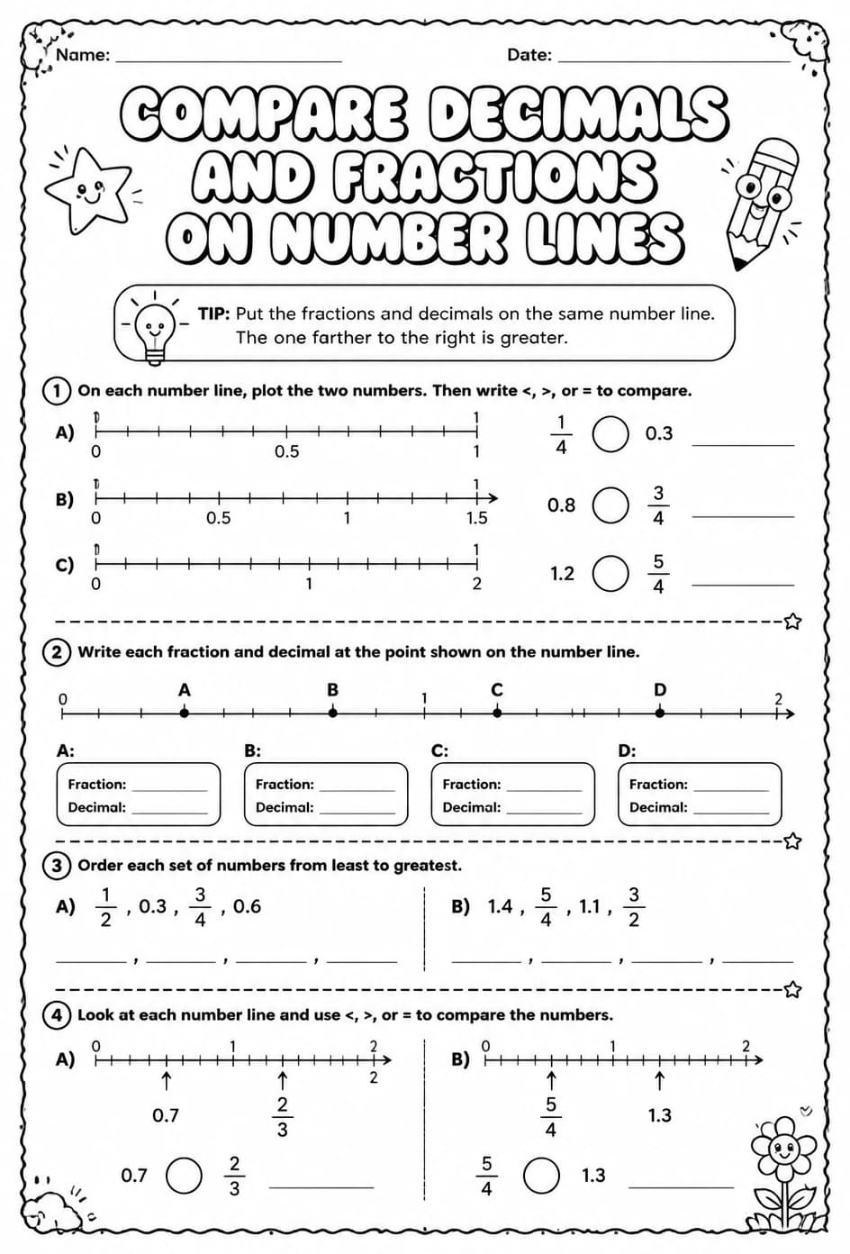 Compare decimals and fractions on number lines — free printable Grade 5 math worksheet