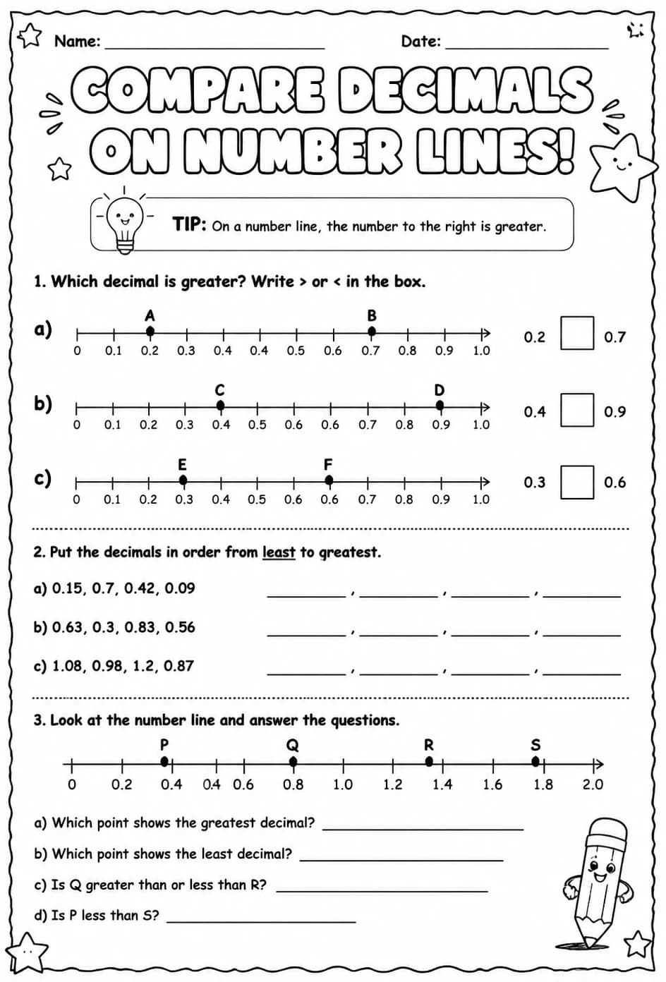 Compare decimals on number lines — free printable Grade 4 math worksheet