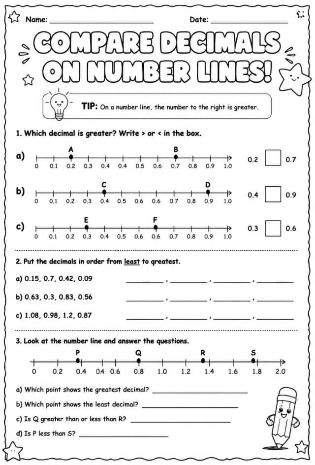 Compare decimals on number lines