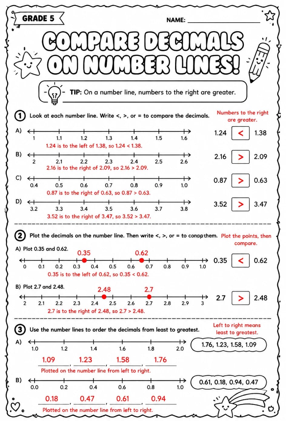 Answer key for Compare decimals on number lines — free printable Math worksheet