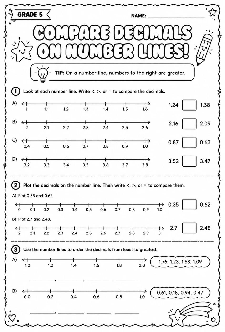 Compare decimals on number lines — free printable Grade 5 math worksheet