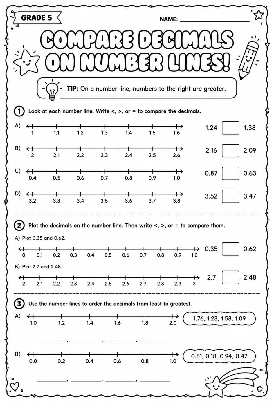 Compare decimals on number lines