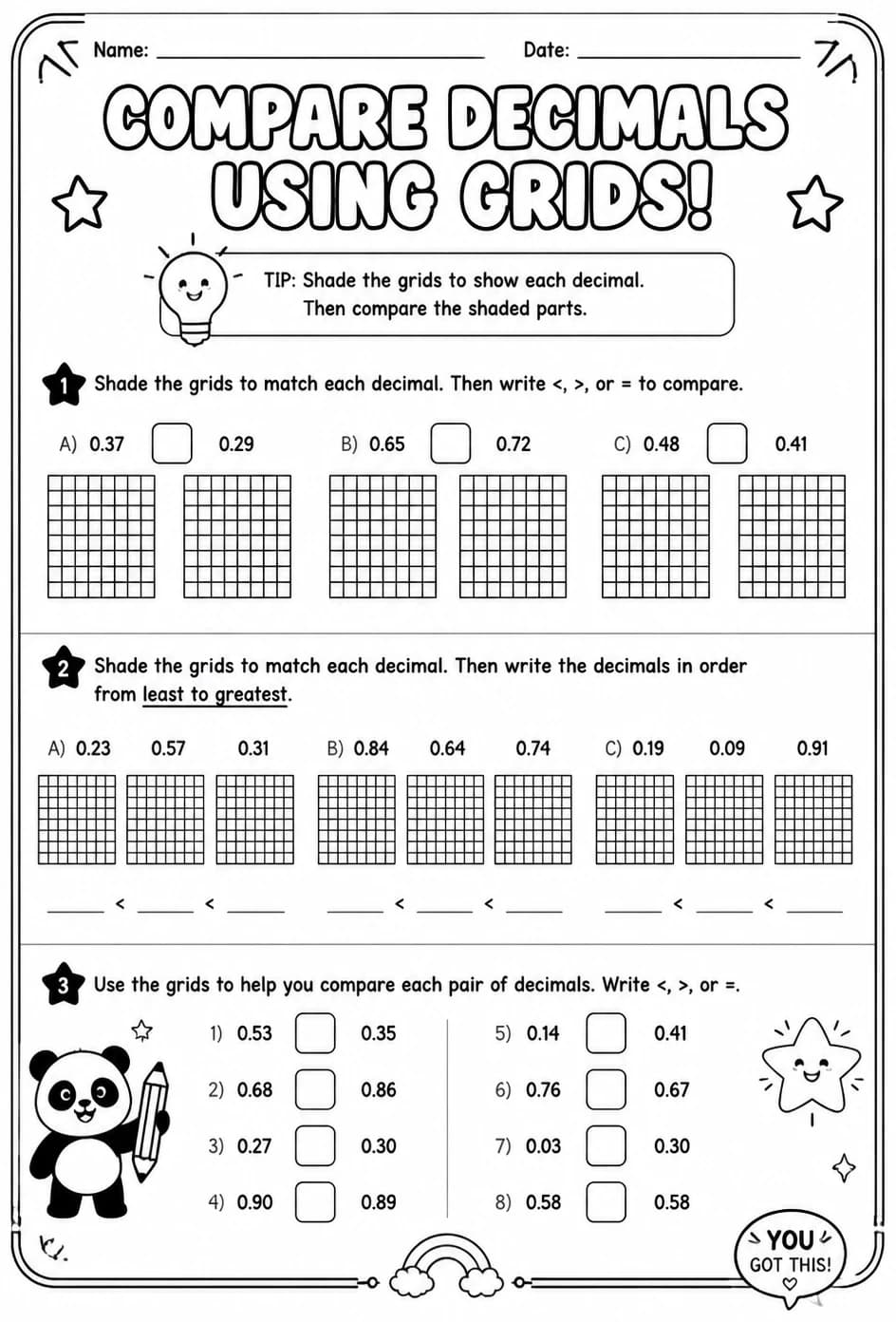 Compare decimals using grids — free printable Grade 5 math worksheet