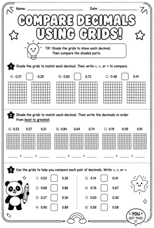 Compare decimals using grids