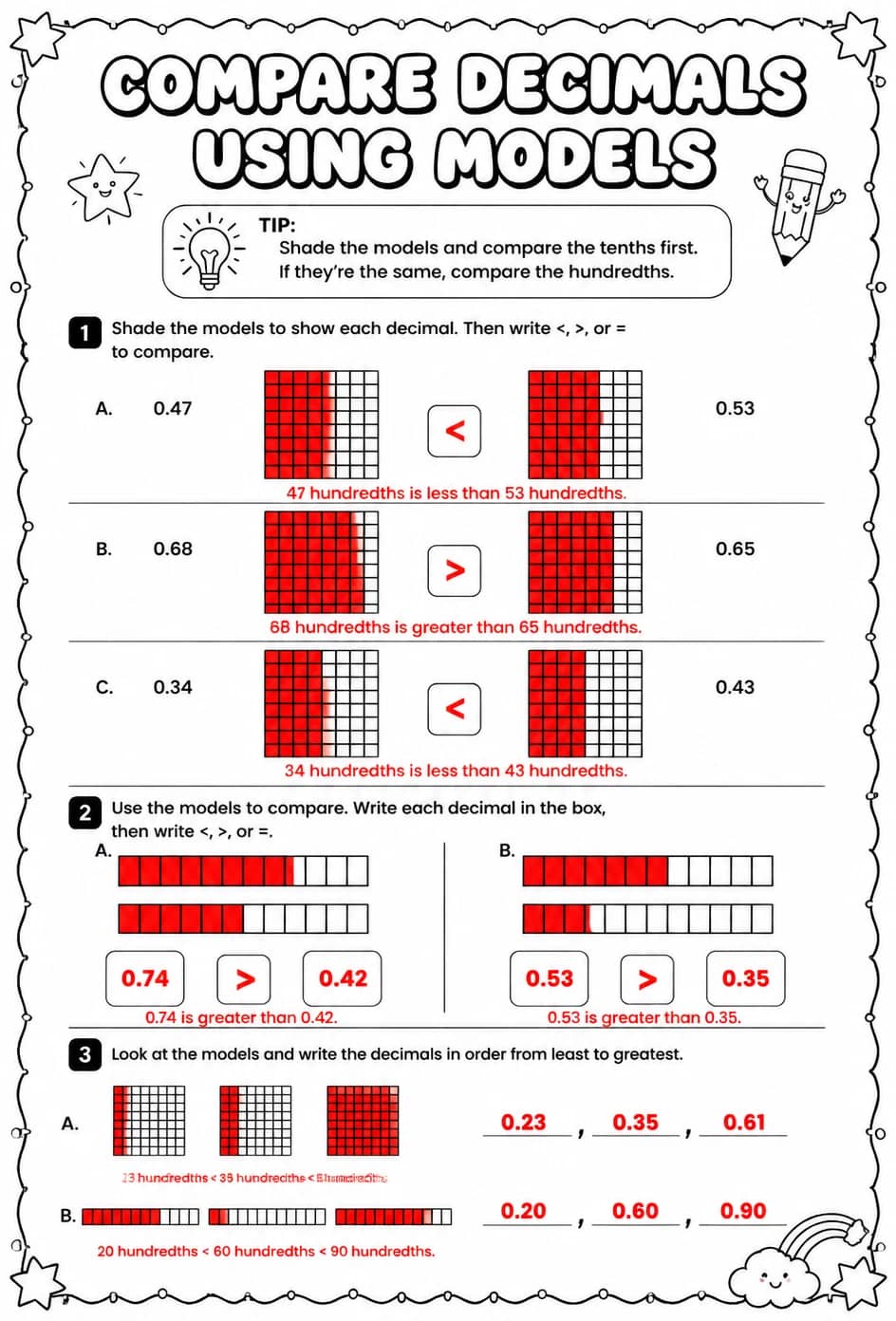 Answer key for Compare decimals using models — free printable Math worksheet