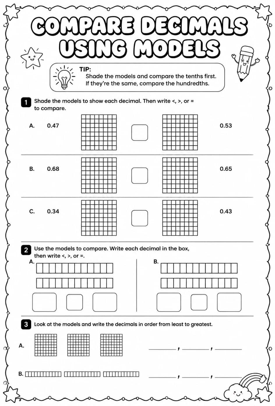 Compare decimals using models — free printable Grade 4 math worksheet