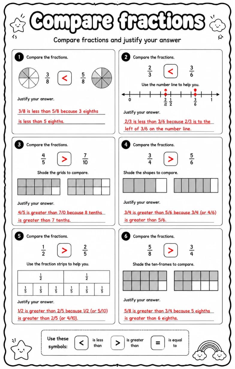 Answer key for Compare fractions and justify your answer — free printable Math worksheet