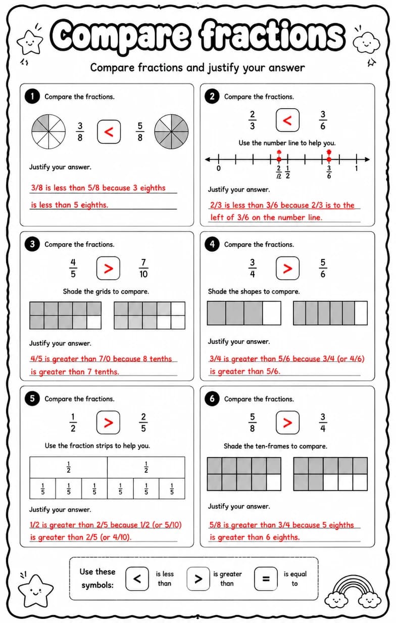 Answer key for Compare fractions and justify your answer — free printable Math worksheet
