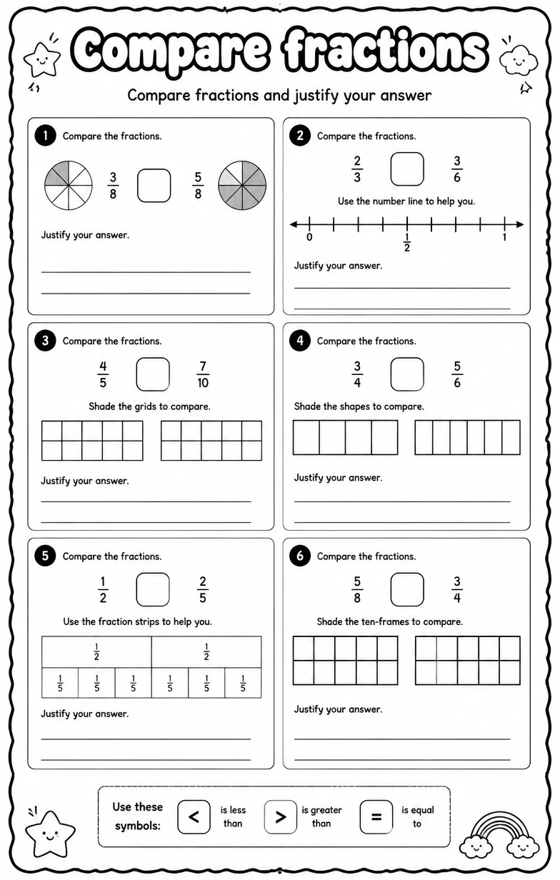 Compare fractions and justify your answer — free printable Grade 3 math worksheet