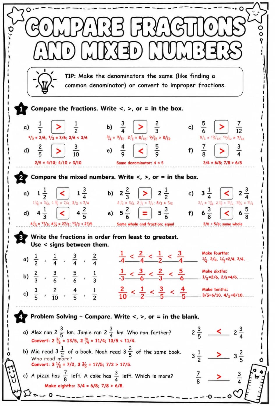 Answer key for Compare fractions and mixed numbers — free printable Math worksheet