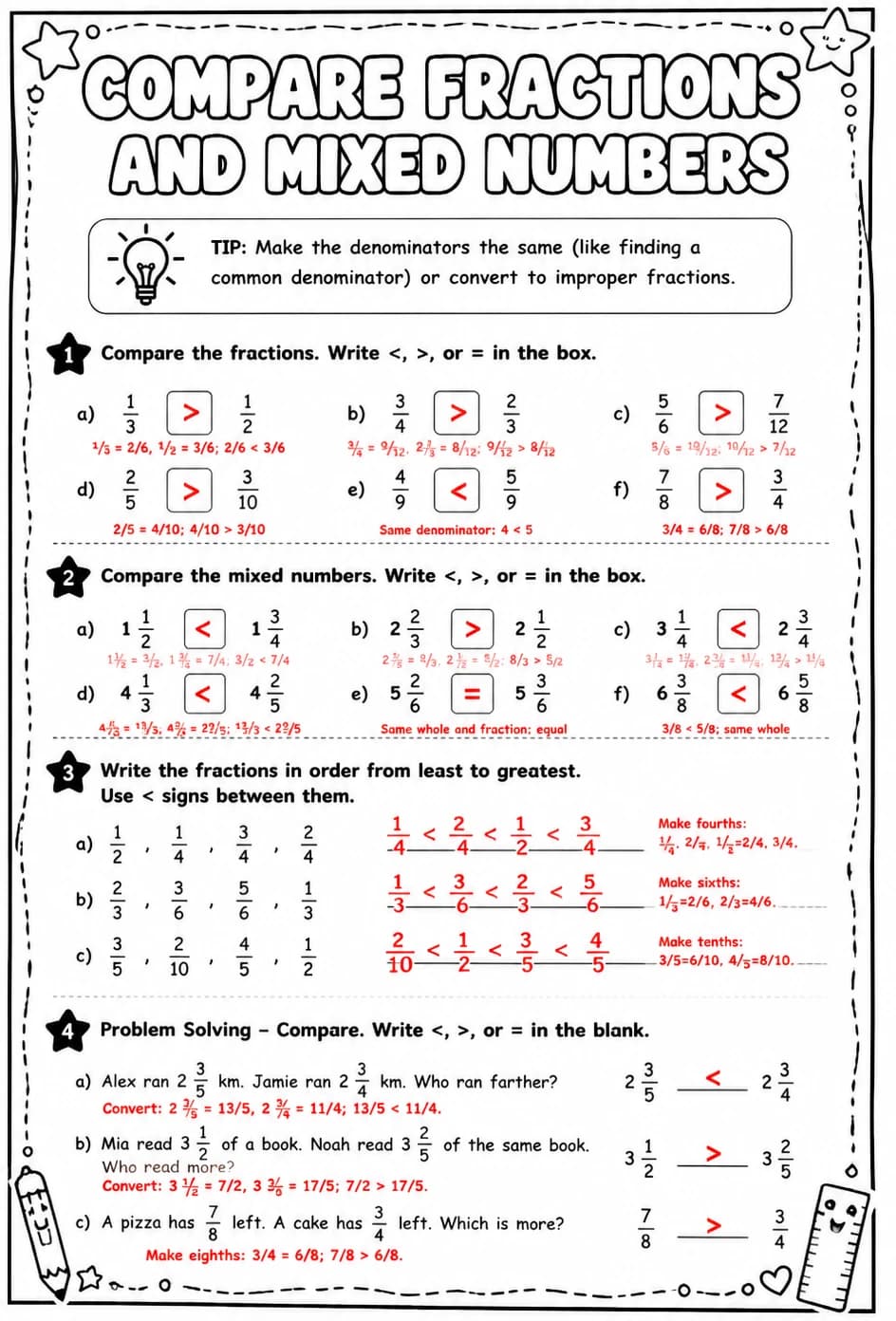 Answer key for Compare fractions and mixed numbers — free printable Math worksheet