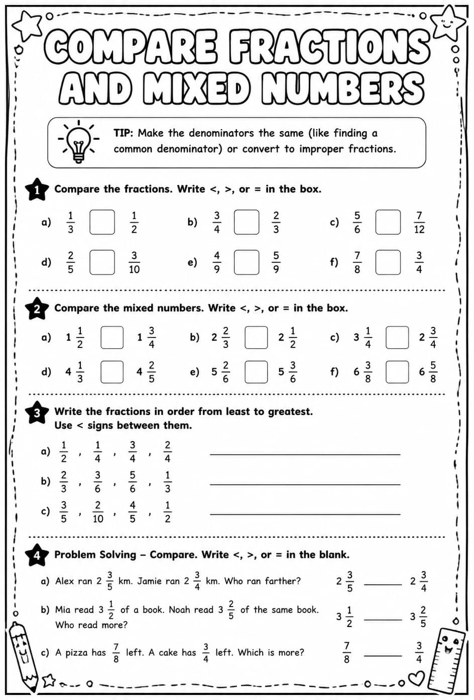 Compare fractions and mixed numbers — free printable Grade 5 math worksheet
