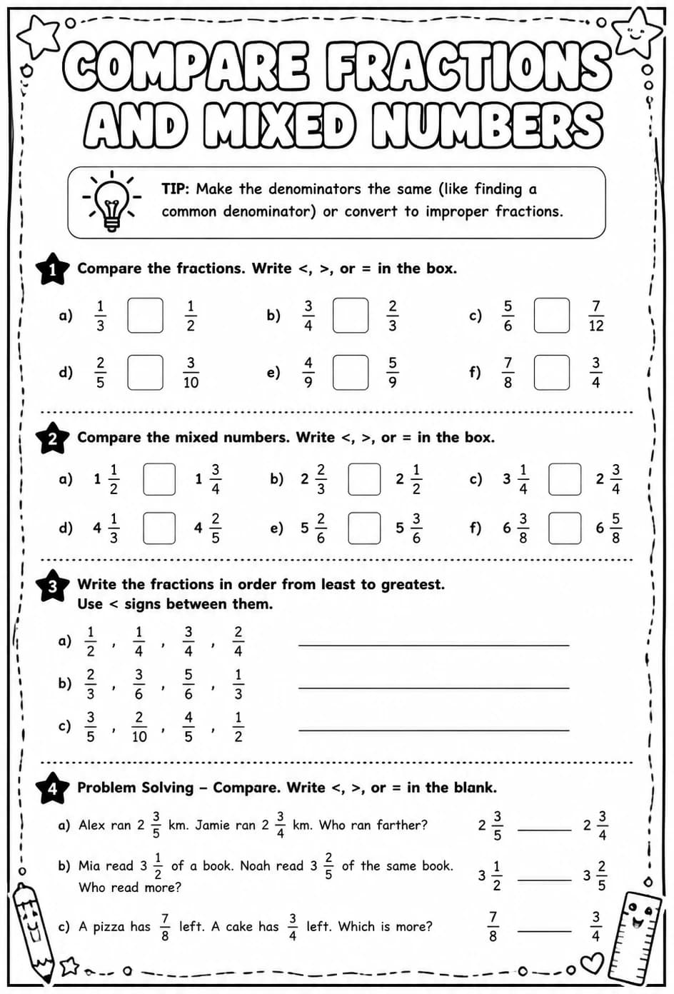 Compare fractions and mixed numbers — free printable Grade 5 math worksheet