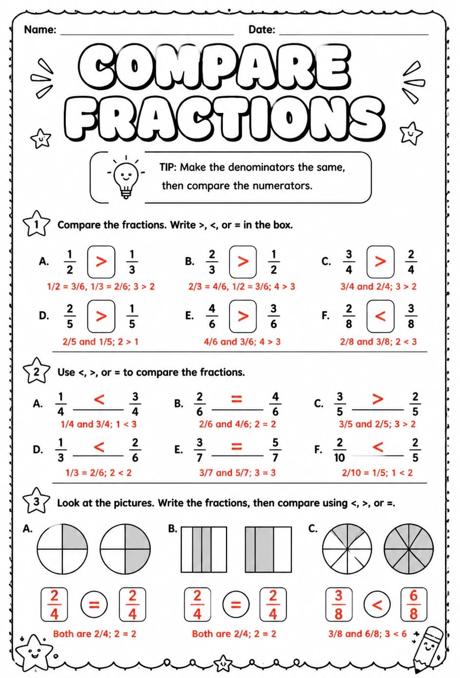 Answer key for Compare fractions — free printable Math worksheet