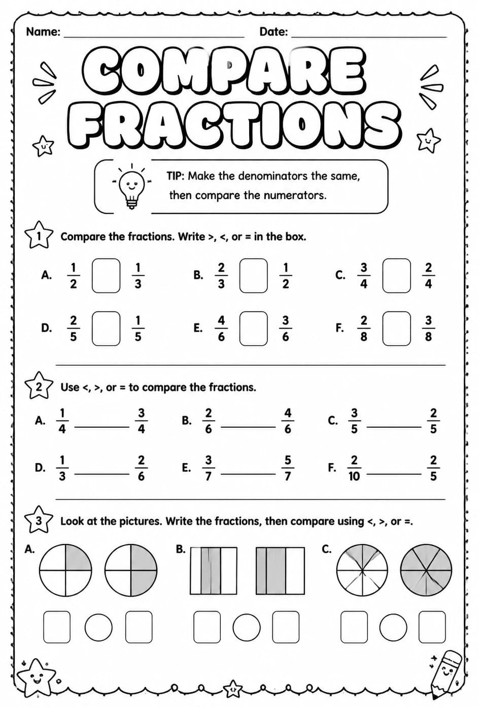 Compare fractions — free printable Grade 3 math worksheet