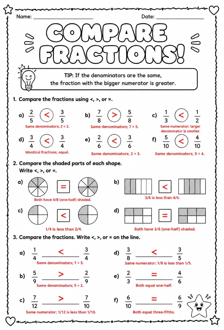 Answer key for Compare fractions — free printable Math worksheet