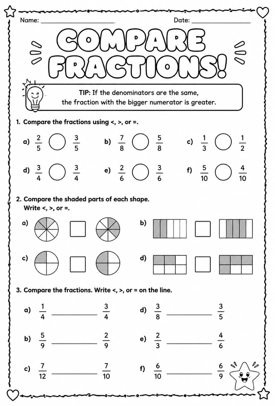 Compare fractions — free printable Grade 4 math worksheet