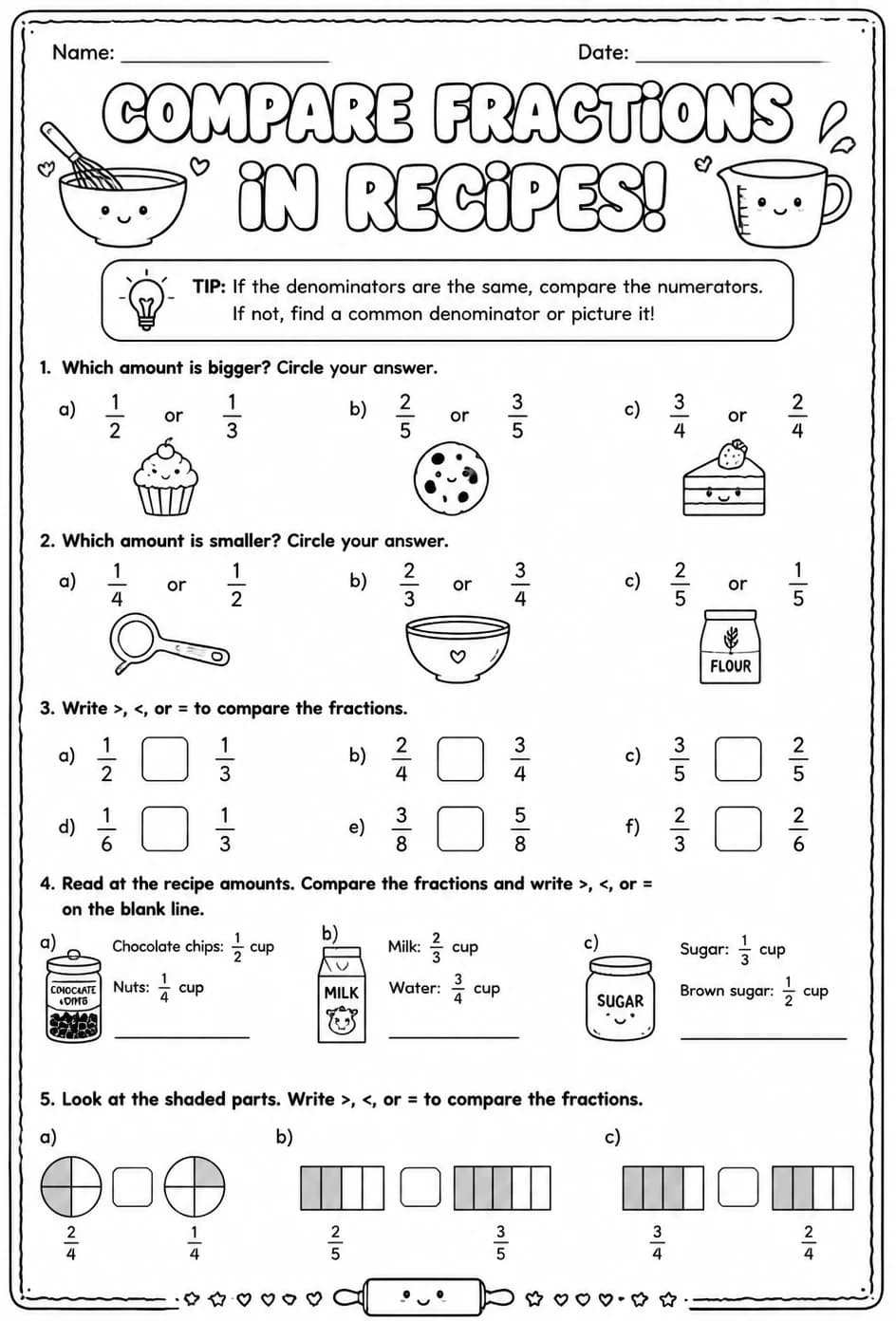 Compare fractions in recipes — free printable Grade 3 math worksheet