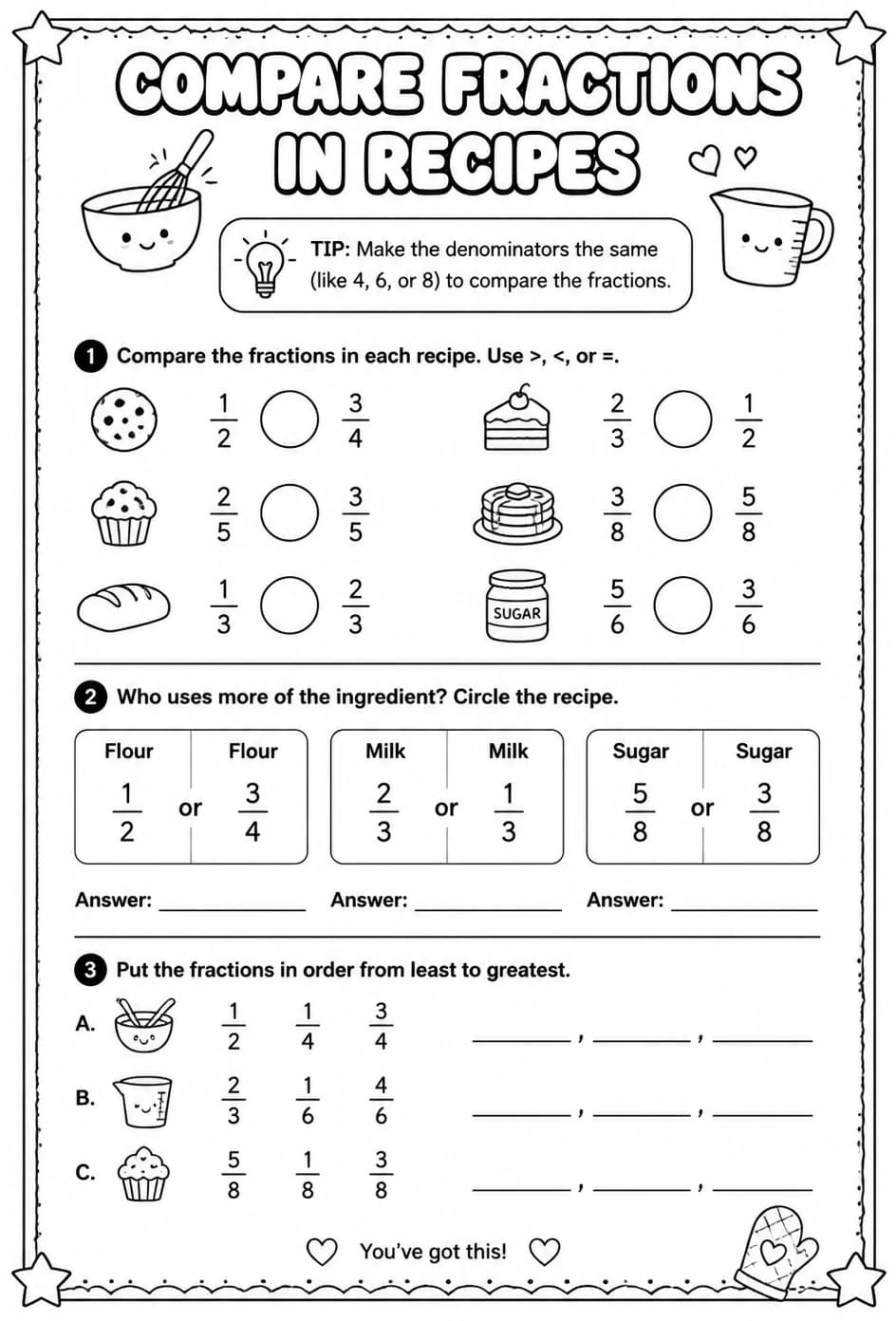Compare fractions in recipes — free printable Grade 4 math worksheet