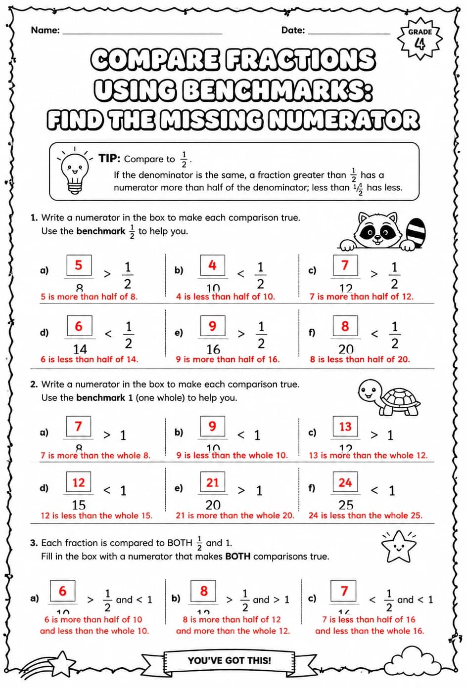 Answer key for Compare fractions using benchmarks: find the missing numerator — free printable Math worksheet