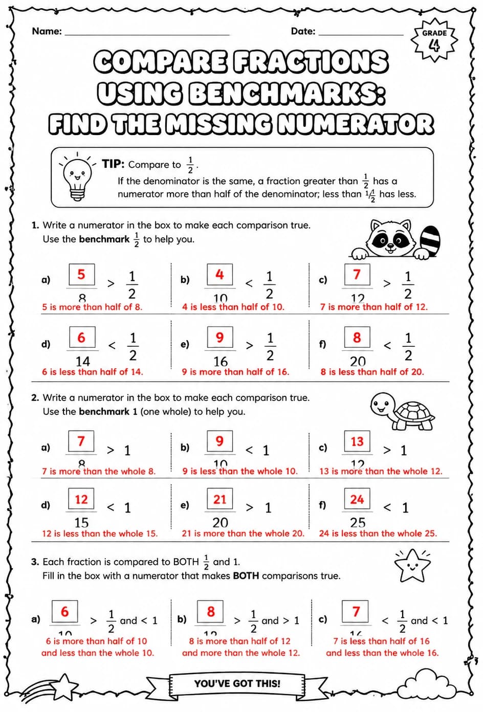 Answer key for Compare fractions using benchmarks: find the missing numerator — free printable Math worksheet