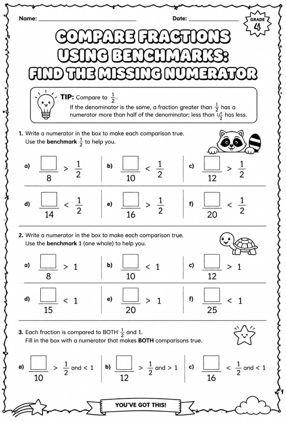 Compare fractions using benchmarks: find the missing numerator — free printable Grade 4 math worksheet