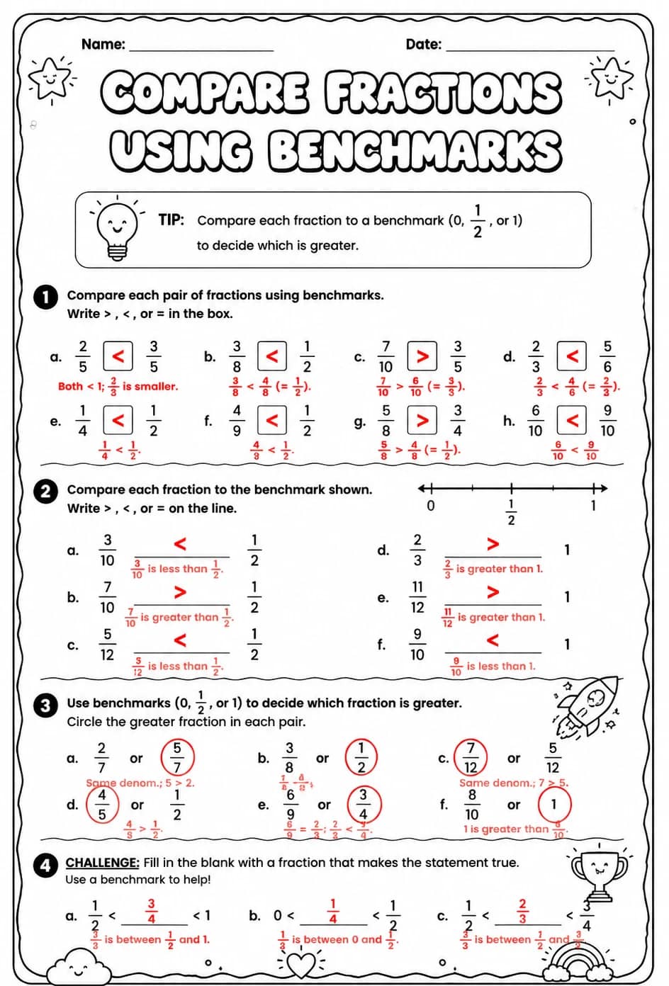 Answer key for Compare fractions using benchmarks — free printable Math worksheet