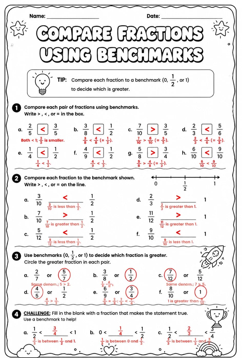 Answer key for Compare fractions using benchmarks — free printable Math worksheet